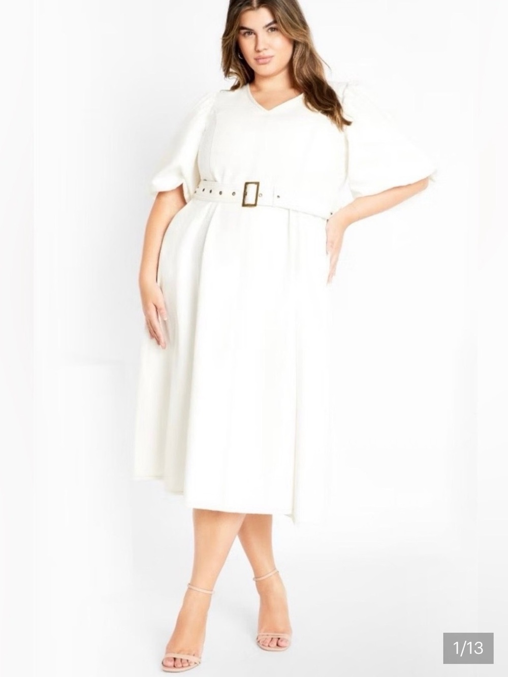 City Chic White V-Neck Belted Midi Dress